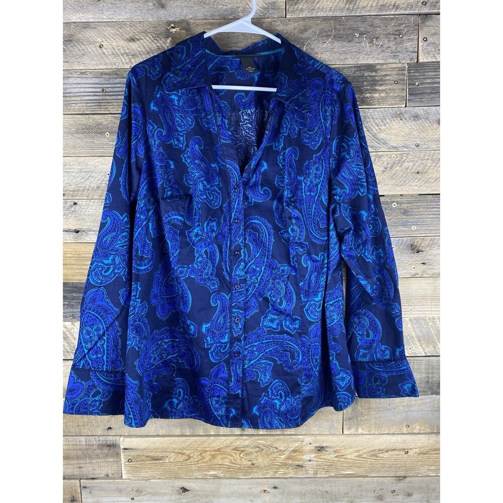 Lane Bryant Womens Plus Sz 26  Blue & Green Paisley Print Button Down Top